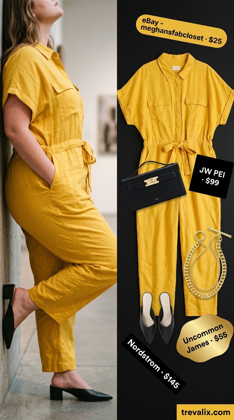 Colorful plus size summer outfits for women 2026: Saffron yellow utility jumpsuit for a daytime event or art gallery.