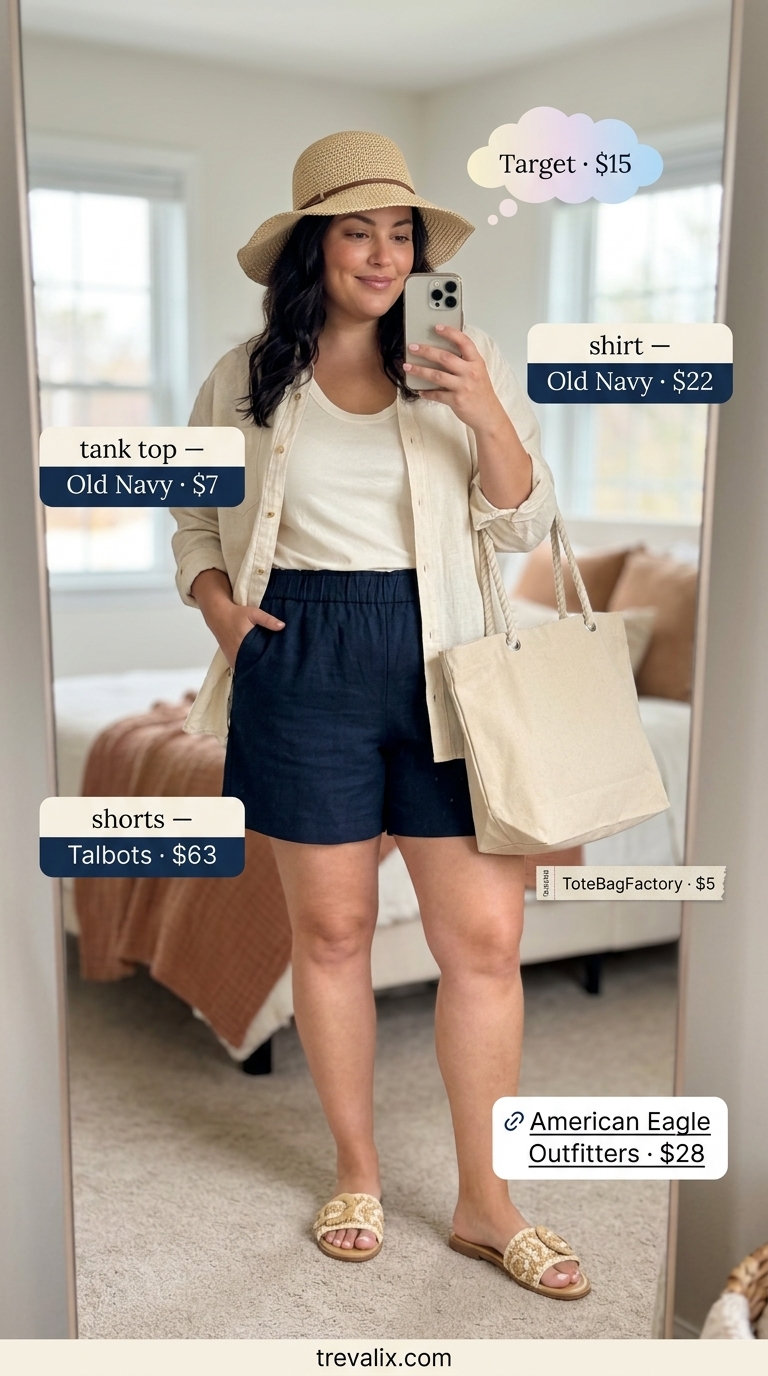 Colorful plus size summer outfits for women 2026: Teal linen shorts, oversized cream shirt for vacation day.