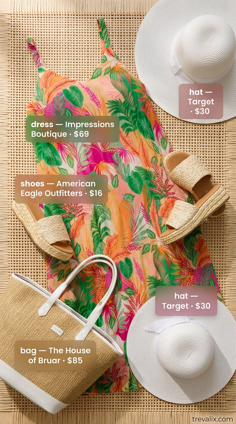 Colorful plus size summer outfits for women 2026: Tropical print maxi dress for beach vacation or resort dinner.