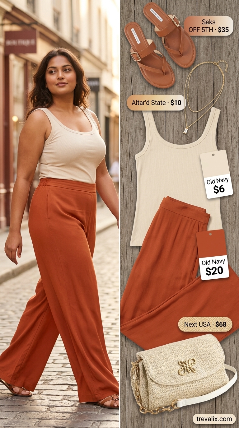 Colorful plus size summer outfits for women 2026: Coral linen pants and cream tank for brunch.