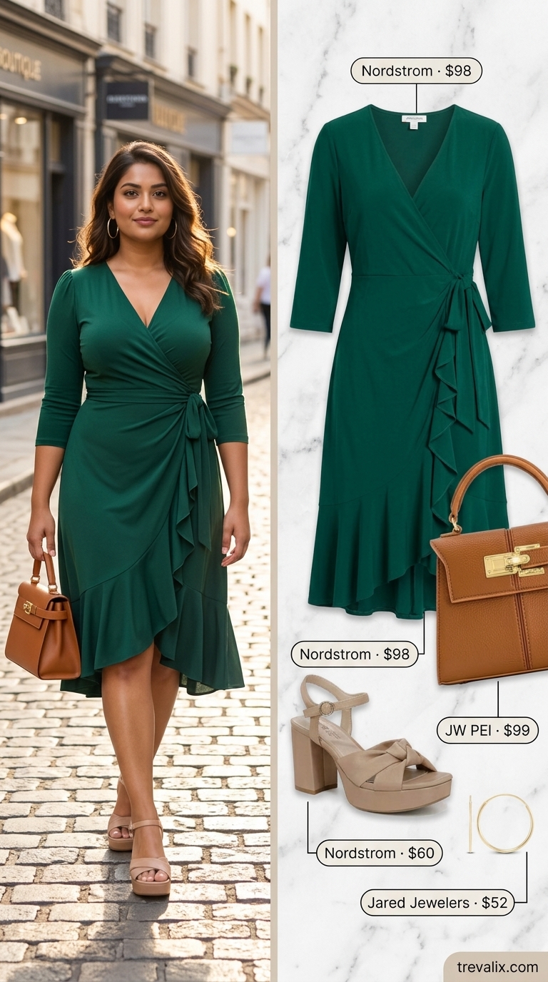 Colorful plus size summer outfits for women 2026: Emerald green satin wrap dress for vacation dinner.