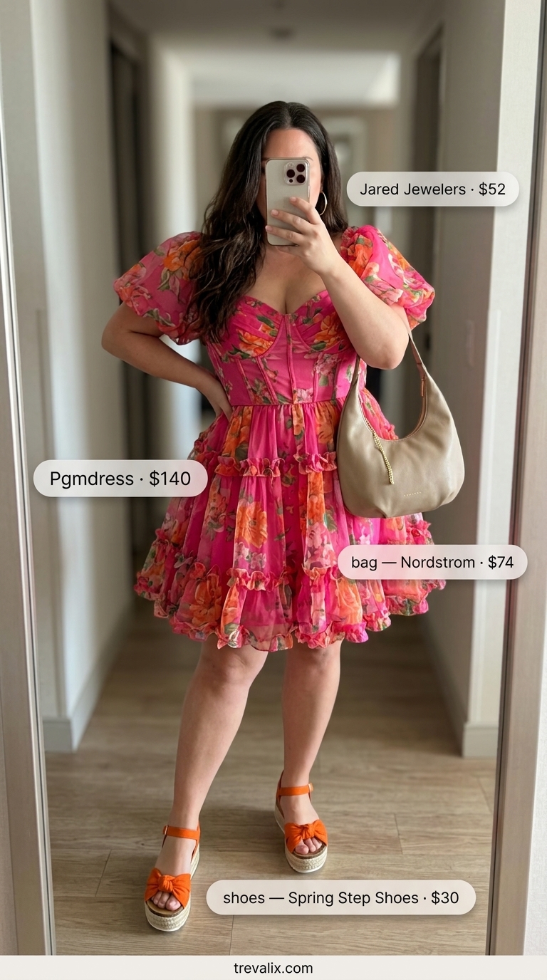 Colorful plus size summer outfits for women 2026: Hot pink puff sleeve dress for summer party.