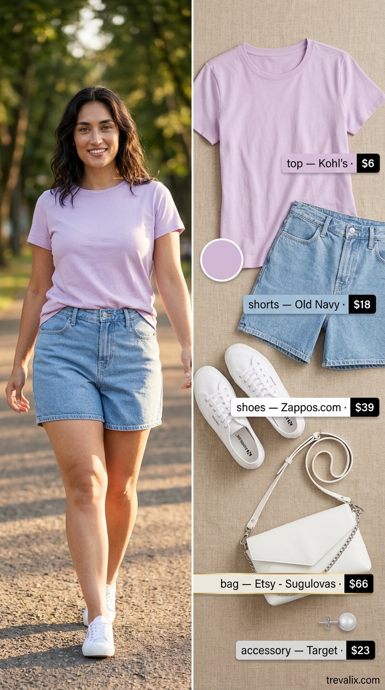 Colorful plus size summer outfits for women 2026: Lavender tee & denim shorts for casual day out.