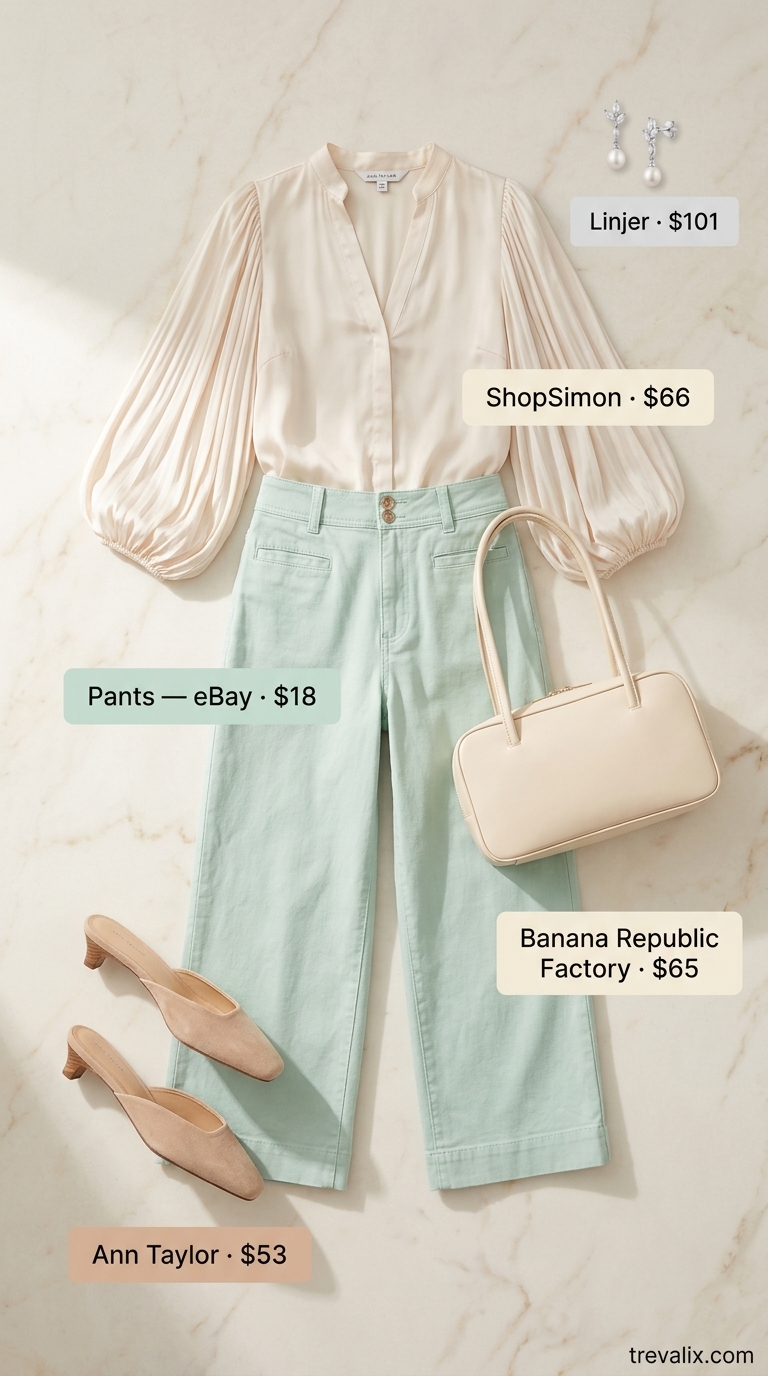Colorful plus size summer outfits for women 2026: Mint green cropped pants & cream blouse for garden party.