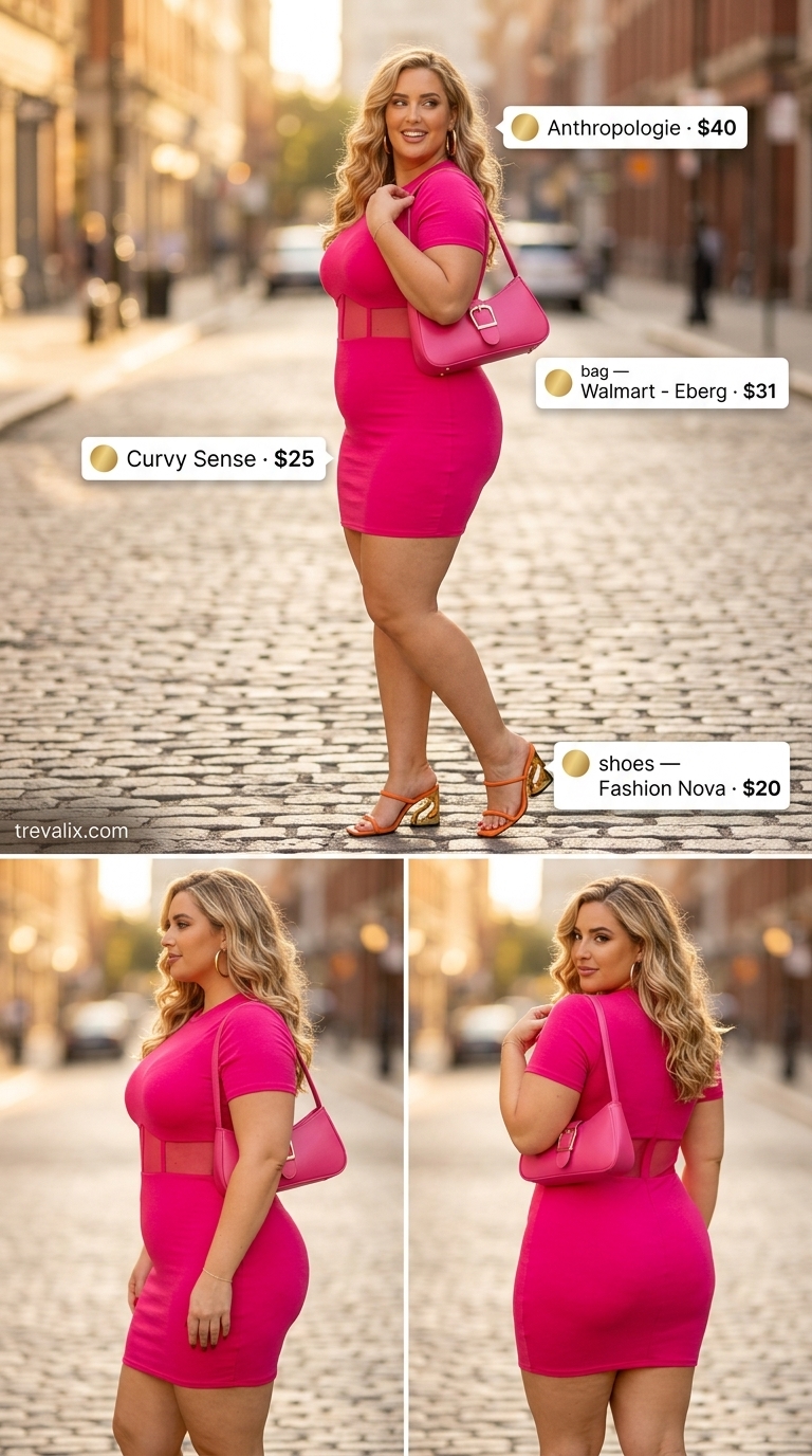 Colorful plus size summer outfits for women 2026: Hot pink shift dress & orange mules for summer soirée.