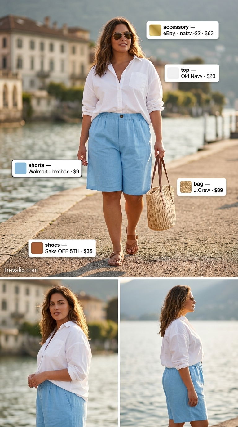 Colorful plus size summer outfits for women 2026: Sky blue linen shorts & white shirt for casual lunch.