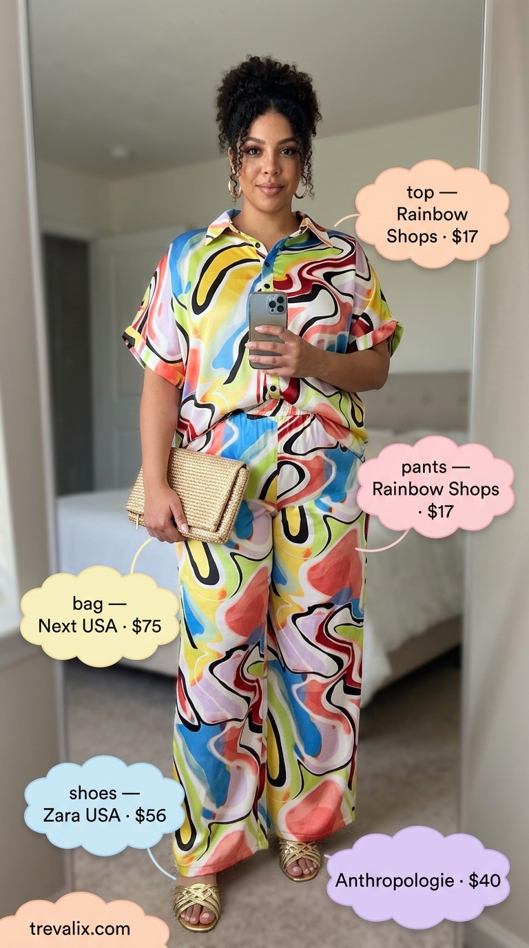 Colorful plus size summer outfits for women 2026: Bold abstract print satin top & wide leg pants for resort wear.