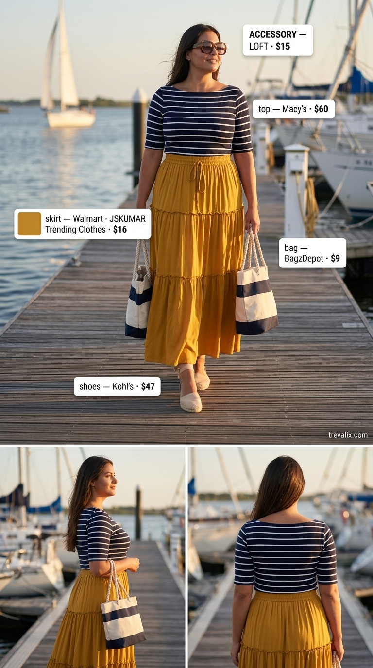 Colorful plus size summer outfits for women 2026: Yellow tiered maxi skirt & striped top for beach day.