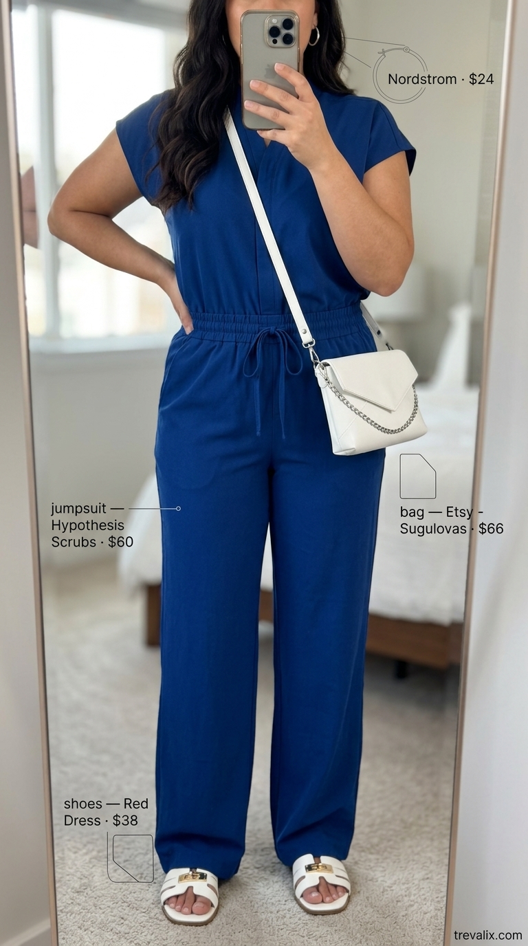Colorful plus size summer outfits for women 2026: Cobalt blue wide-leg jumpsuit, white sandals, silver hoop earrings.