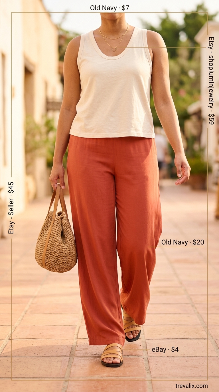 Colorful plus size summer outfits for women 2026: Coral wide-leg pants, cream tank, gold necklaces, tan sandals.