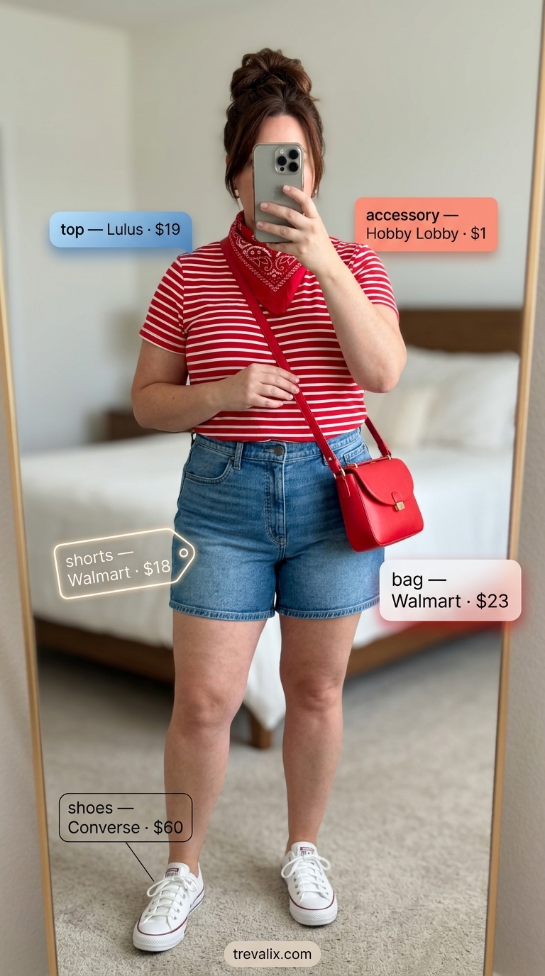 Colorful plus size summer outfits for women 2026: Sky blue denim shorts, striped top, red bandana, white sneakers.