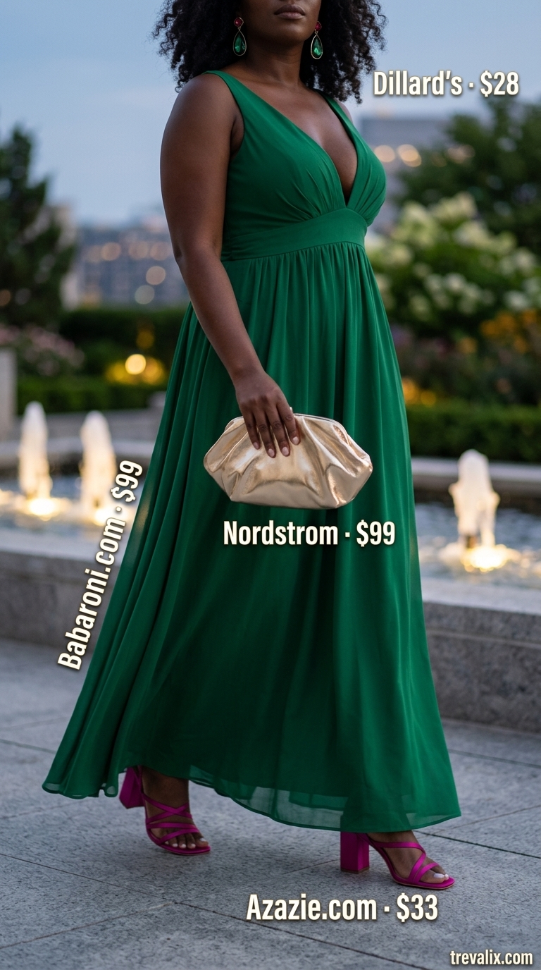 Colorful plus size summer outfits for women 2026: Emerald green maxi dress, fuchsia sandals, gold statement earrings.