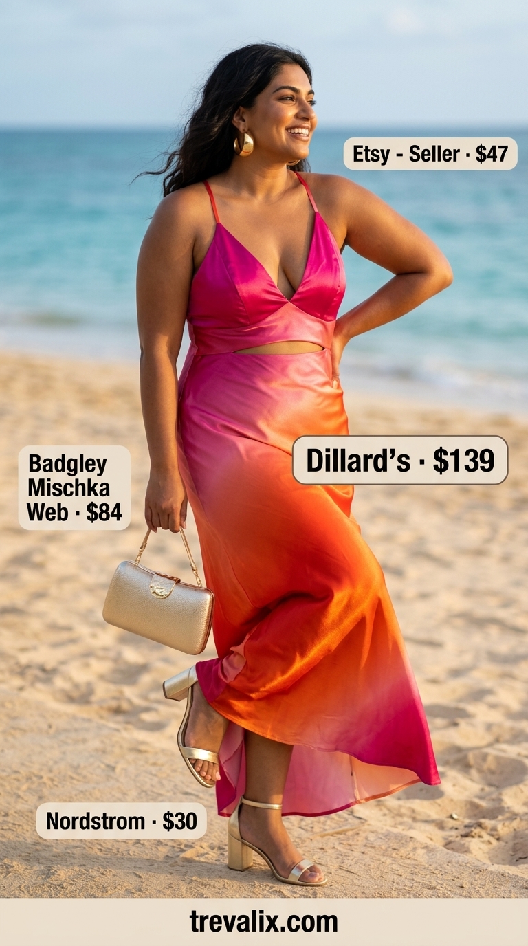Colorful plus size summer outfits for women 2026: Fuchsia & orange maxi dress, gold accessories, metallic gold sandals.
