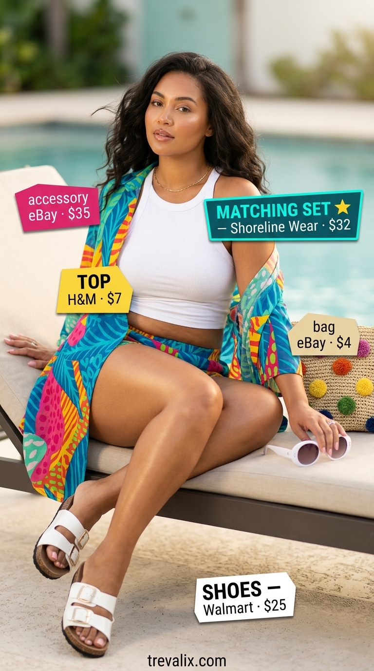 Colorful plus size summer outfits for women 2026: Tropical print matching set, white tank, straw bag, white sandals.