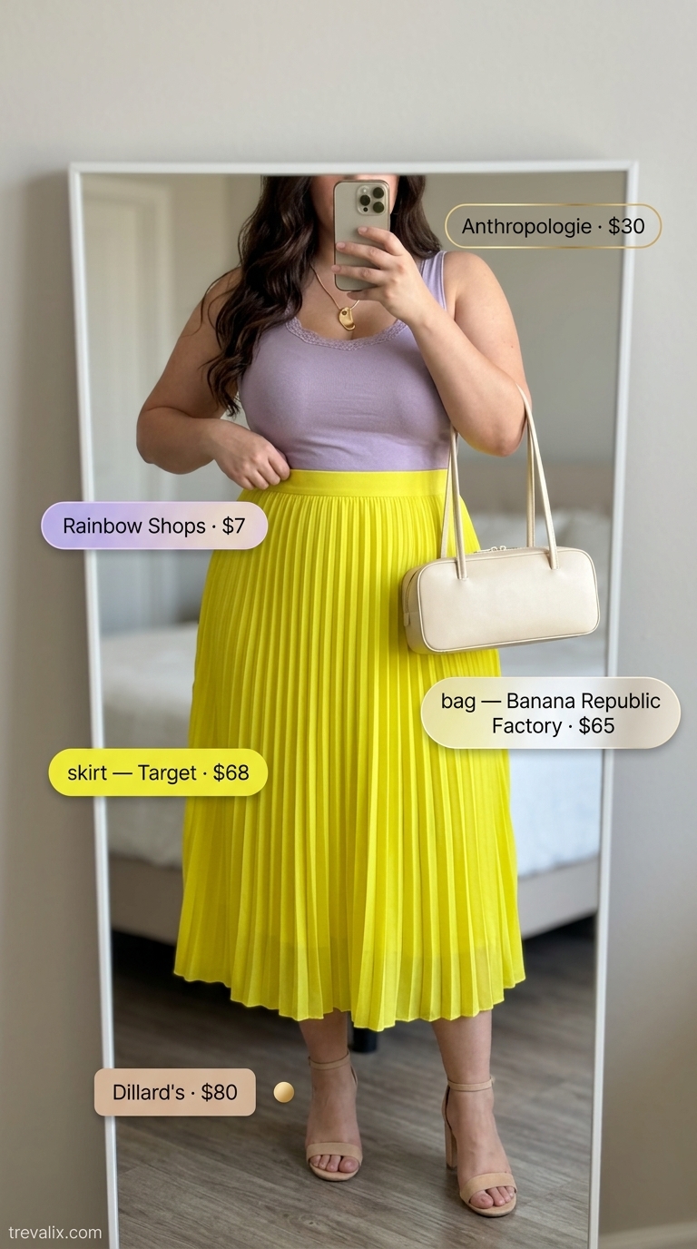 Colorful plus size summer outfits for women 2026: Sunny yellow skirt, lavender top, gold necklace, nude sandals.