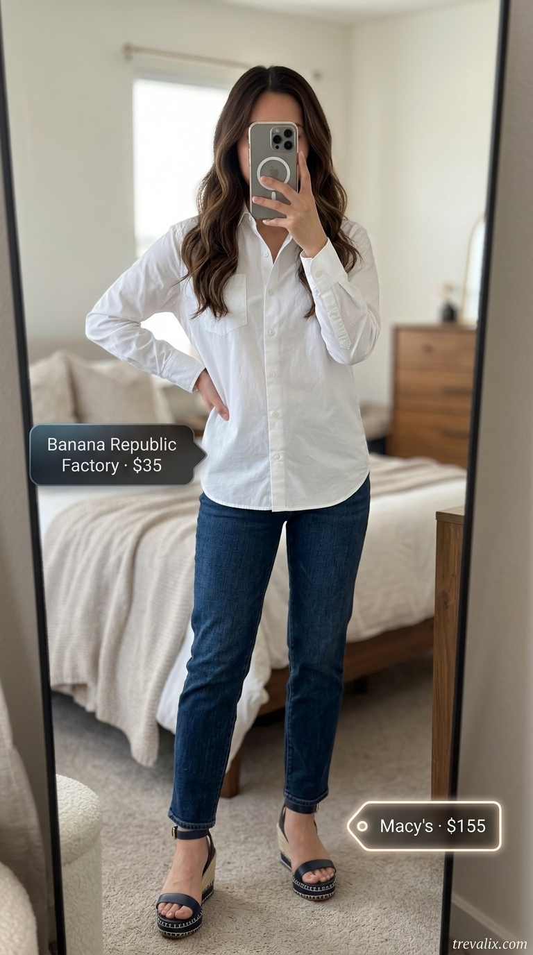 Casual Day Trip Outfits 2026: Coral Shorts Colorful summer clothes for women 2026: Coral linen shorts, white blouse, navy espadrilles for a day trip.