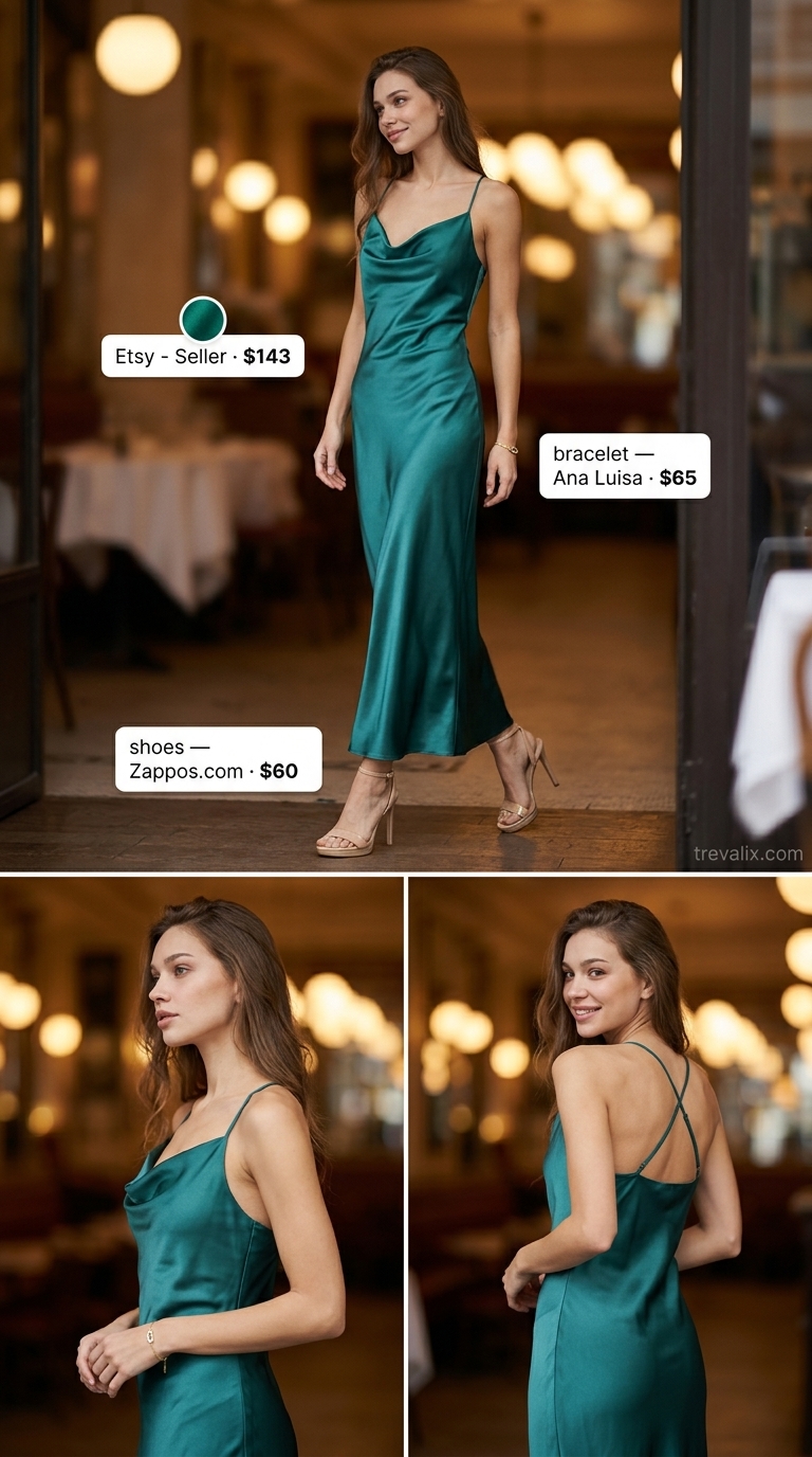 Elegant Summer Wedding Outfits 2026: Emerald Dress Colorful summer clothes for women 2026: Emerald green slip dress, gold accessories for a formal event.