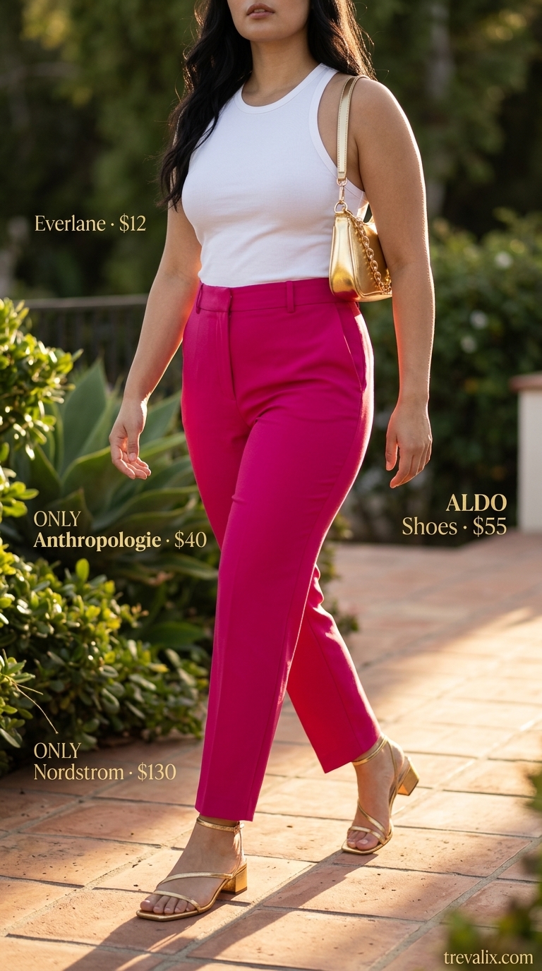 Bold Brunch Outfit 2026: Fuchsia Pants Style Colorful summer clothes for women 2026: Vibrant fuchsia wide-leg pants with white tank and gold heels.