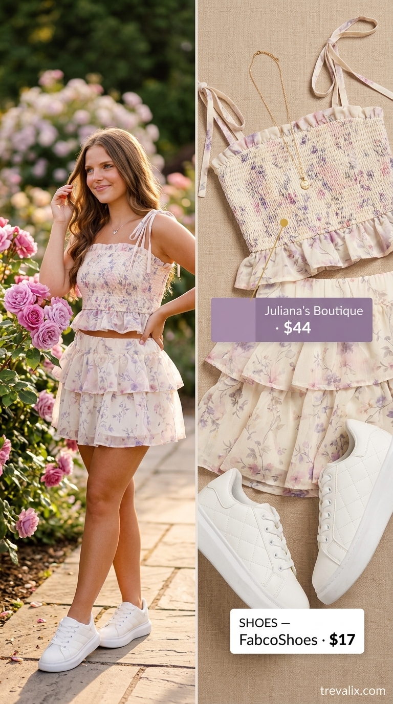 Sweet Garden Party 2026: Lavender Floral Set Colorful summer clothes for women 2026: Romantic lavender floral set with puff sleeves and straw bag.