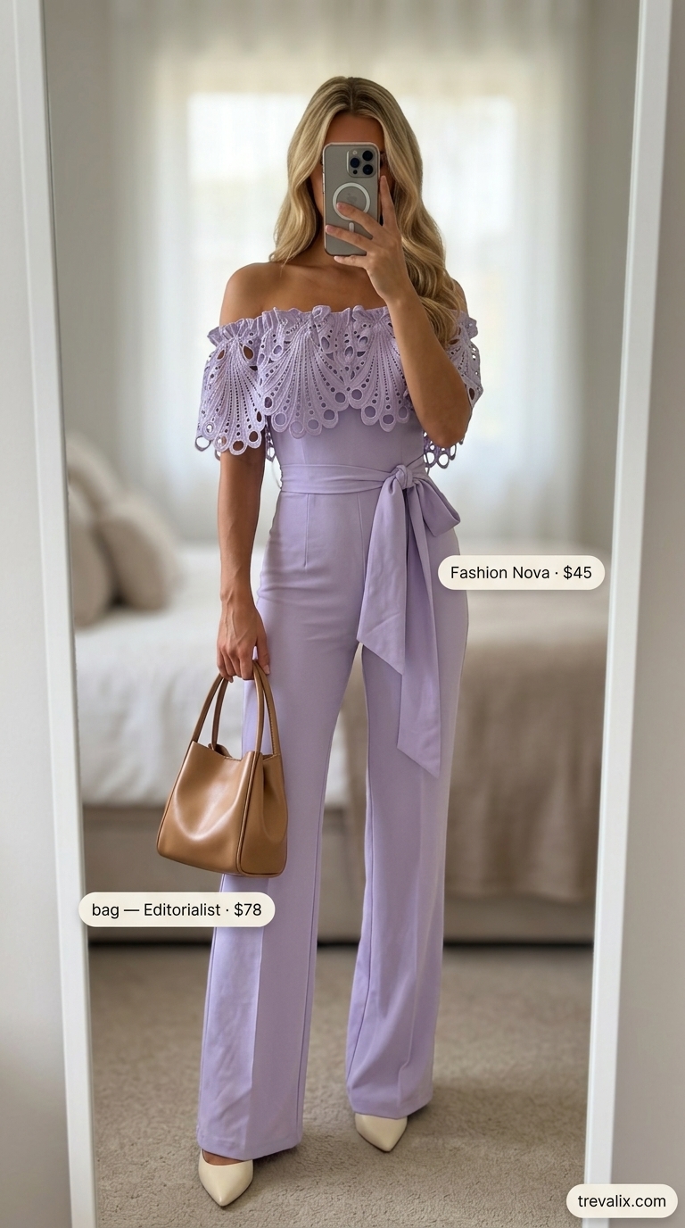 Elegant Lounge Style 2026: Lavender Jumpsuit Colorful summer clothes for women 2026: Serene lavender wide-leg jumpsuit with tan tote and gold jewelry.