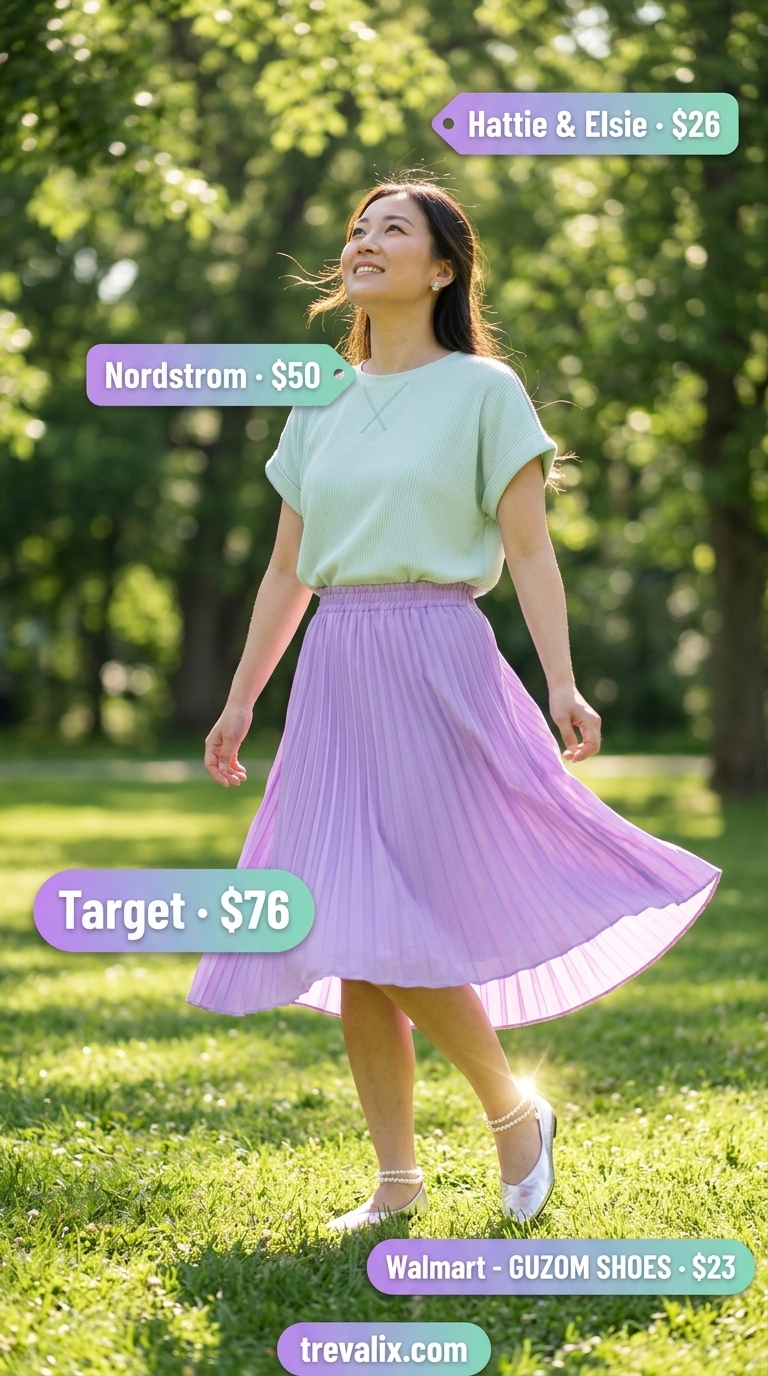 Romantic Picnic Outfit 2026: Lavender Skirt Style Colorful summer clothes for women 2026: Romantic lavender skirt, mint green top, and silver flats for a picnic.