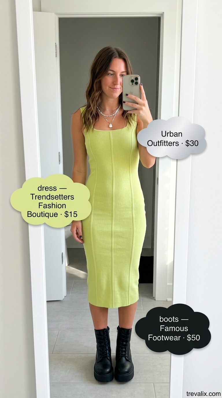 Edgy Summer Party Outfits 2026: Lime Dress Colorful summer clothes for women 2026: Lime green mini dress, black combat boots for a summer party.