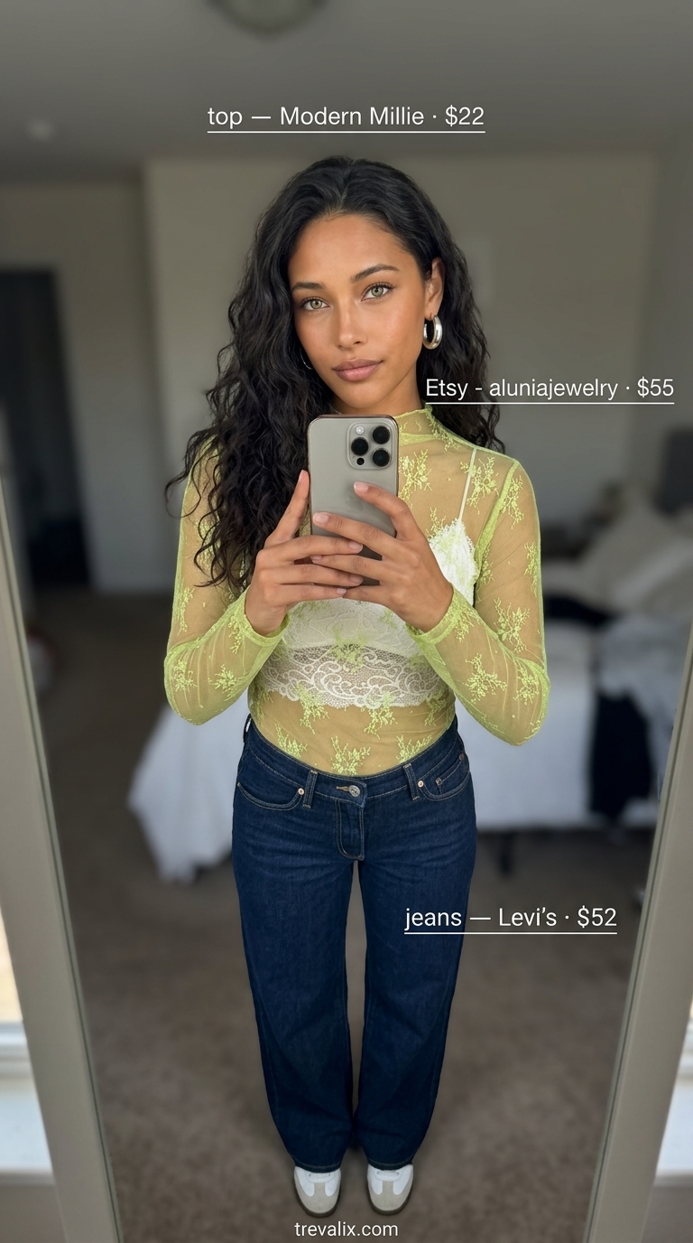 Colorful summer clothes for women 2026: Edgy lime green mesh top with wide-leg jeans and chunky sneakers.