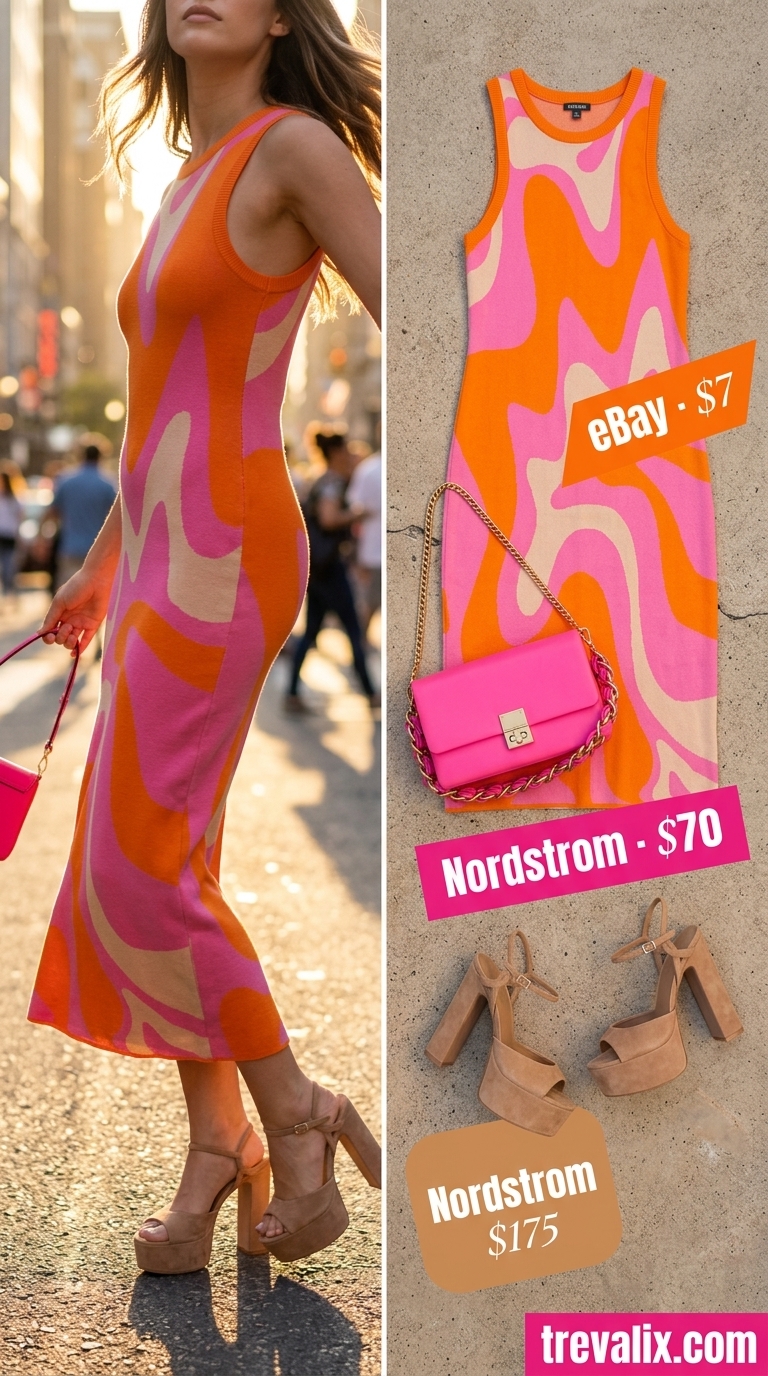 Retro Summer Party Outfits 2026: Bold Dress Colorful summer clothes for women 2026: Orange and pink bodycon dress, tan sandals for a summer party.