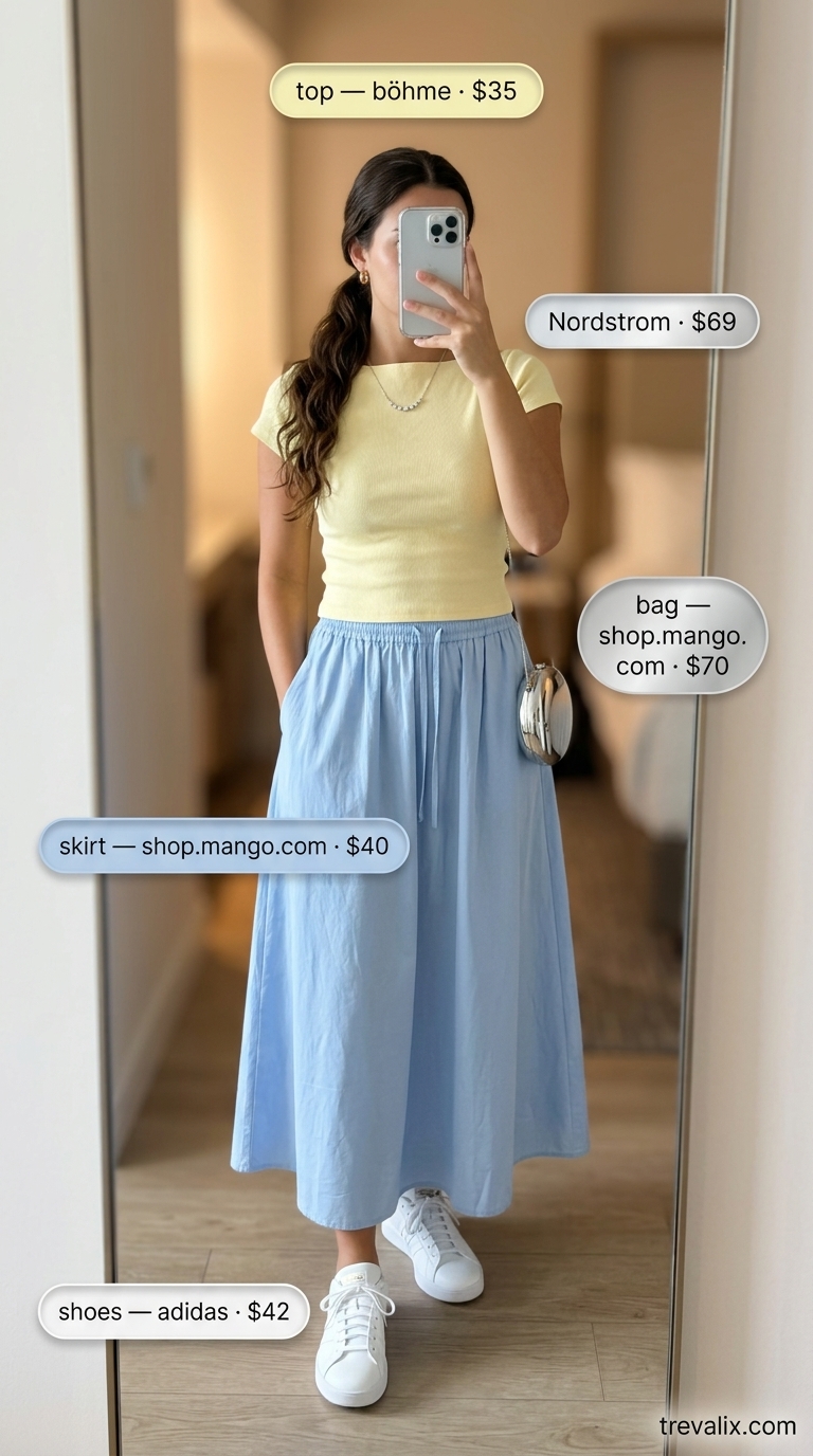 Casual Picnic Outfits 2026: Sky Blue Skirt Colorful summer clothes for women 2026: Sky blue midi skirt, lemon yellow tee, white sneakers for a picnic.