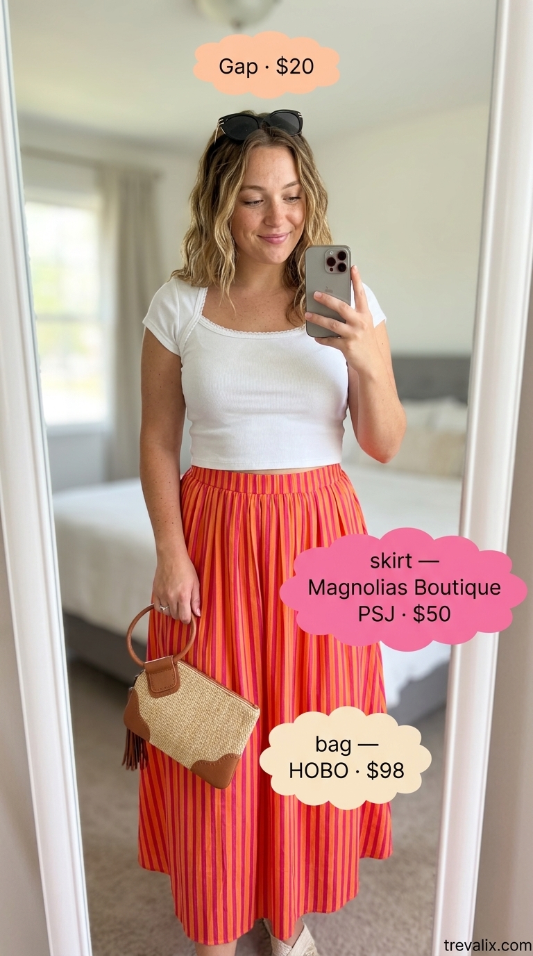 Glamorous Cruise Style 2026: Striped Maxi Skirt Colorful summer clothes for women 2026: Glamorous striped maxi skirt with white crop top for a sunset cruise.