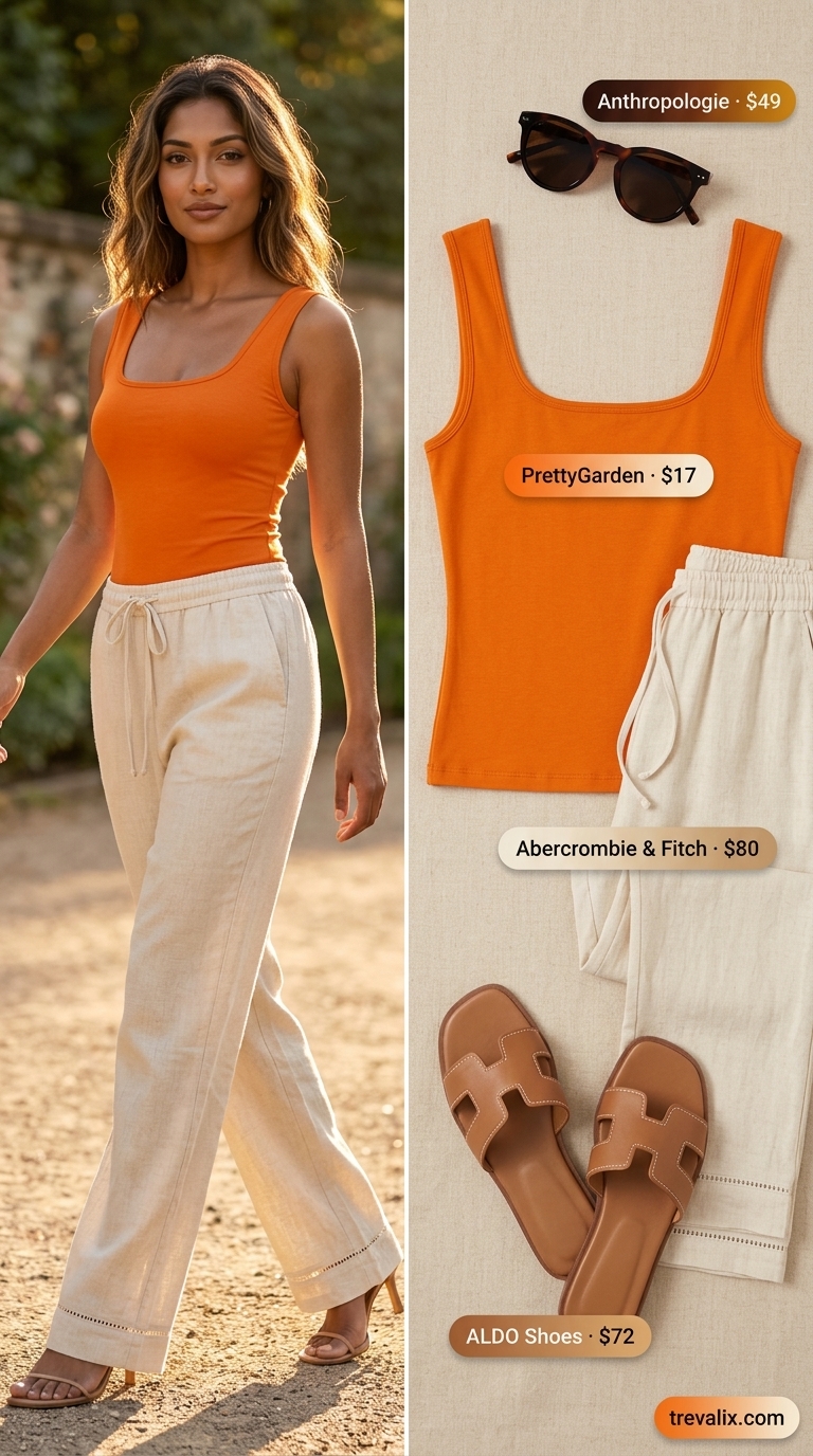 Casual Summer Outfits 2026: Tangerine Explorer Colorful summer clothes for women 2026: Tangerine orange tank, cream linen pants, brown slides for a casual day trip.