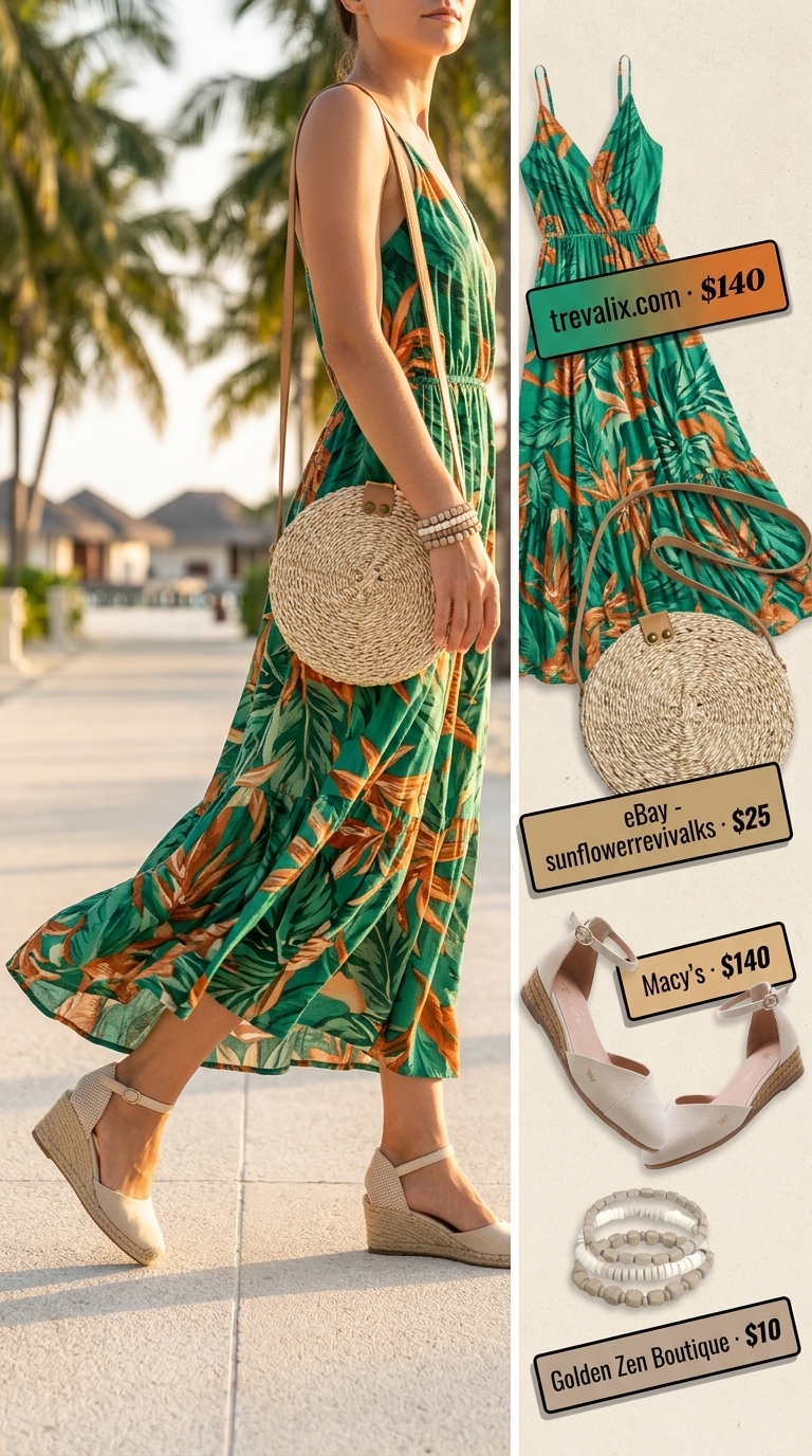 Exotic Getaway Style 2026: Tropical Print Dress Colorful summer clothes for women 2026: Tropical green midi dress with orange print, espadrilles, and straw bag.