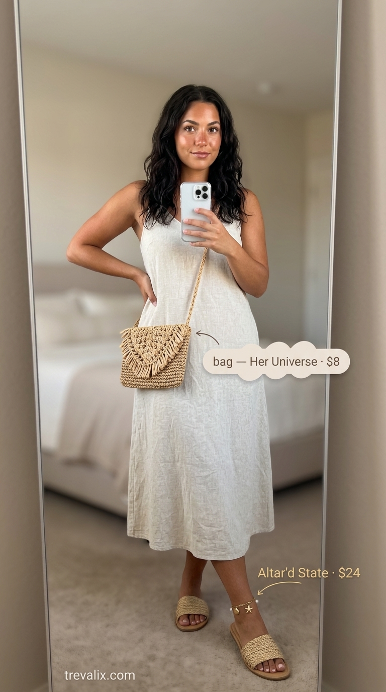 Vacation Summer Outfits 2026: Turquoise Romper Colorful summer clothes for women 2026: Turquoise romper with peach print, straw bag for vacation.