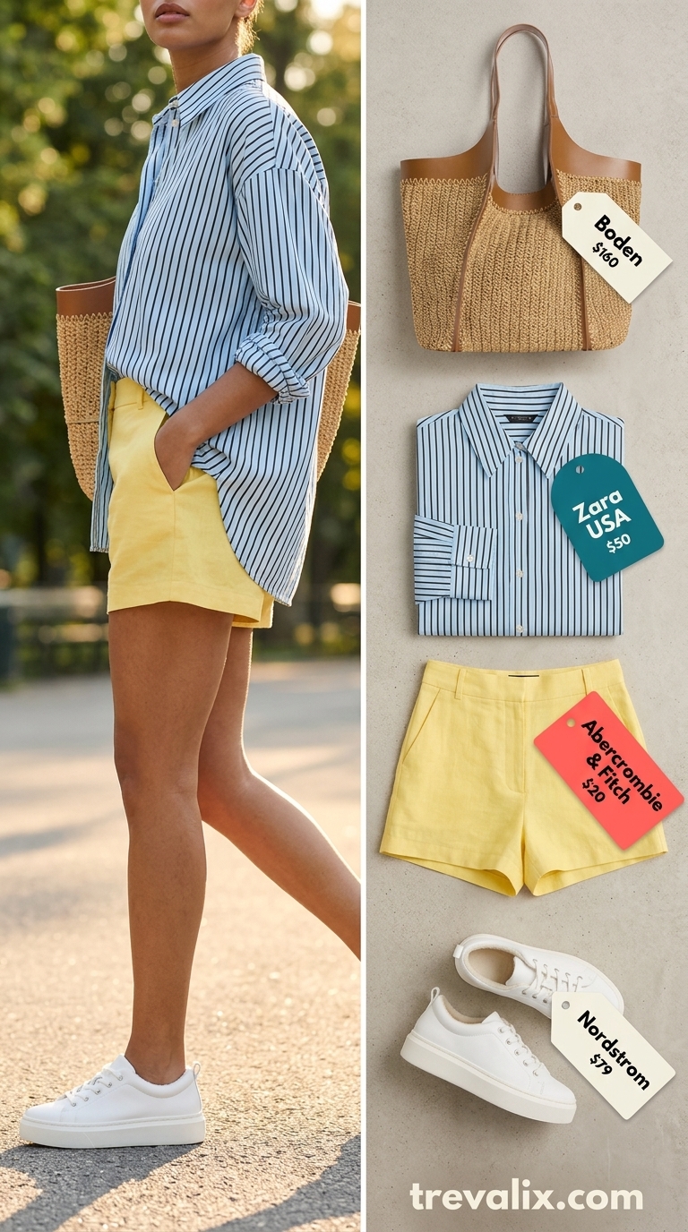 Effortless Brunch Style 2026: Yellow Shorts Colorful summer clothes for women 2026: Cheerful sky blue shirt, yellow shorts, and straw tote for brunch.