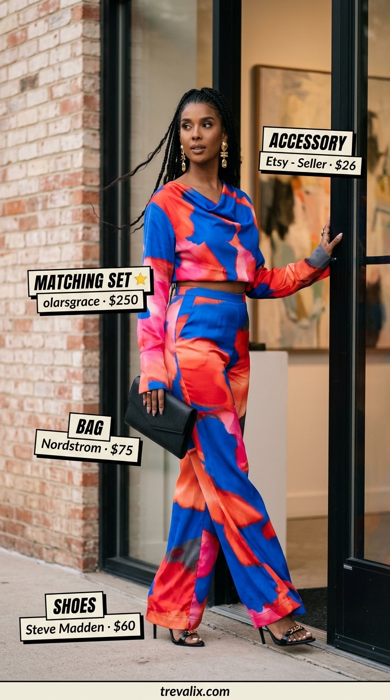 Gallery Opening Colorful Summer Clothes 2026 Colorful summer clothes for women 2026: Abstract print matching set for a gallery opening. Bold and modern.