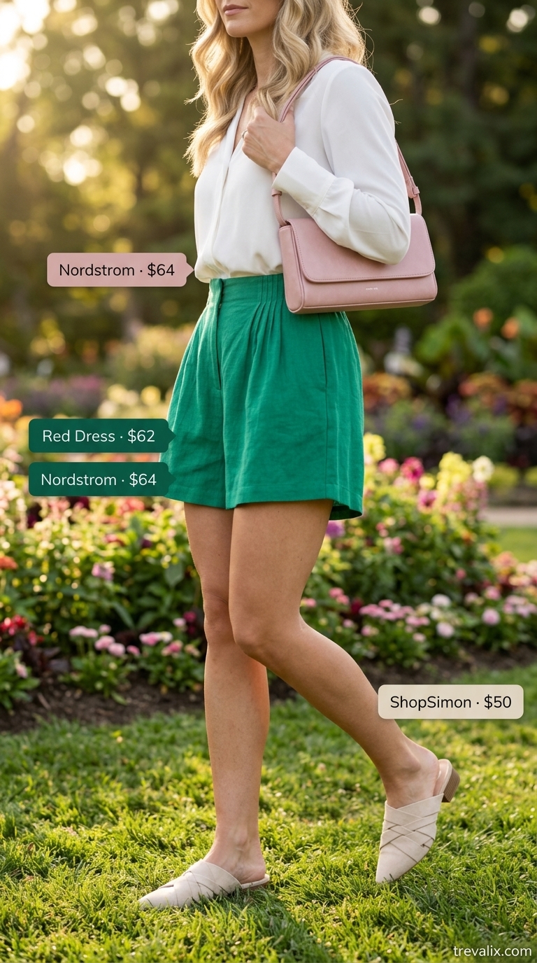 Emerald Garden Party Colorful Summer Clothes 2026 Colorful summer clothes for women 2026: Emerald green shorts and blush pink blouse for a garden party.