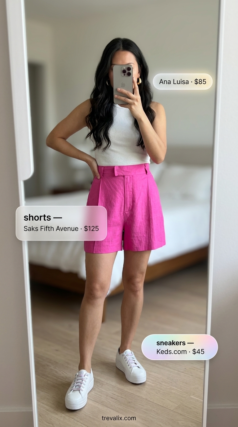 Electric Pink City Colorful Summer Clothes 2026 Colorful summer clothes for women 2026: Hot pink shorts and orange tank for city sightseeing. Bold and energetic.
