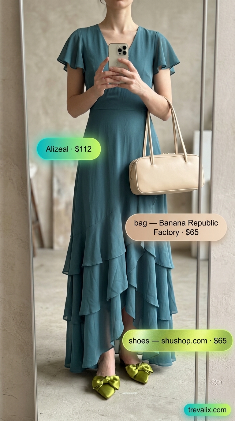 Teal Art Walk Colorful Summer Clothes 2026 Colorful summer clothes for women 2026: Teal crinkle chiffon midi dress for art walks and casual dinners.