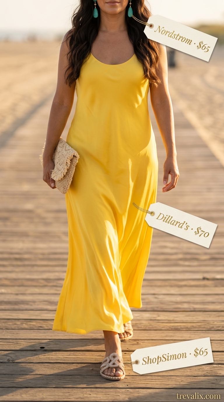 Sunny Yellow Resort Colorful Summer Clothes 2026 Colorful summer clothes for women 2026: Sunny yellow maxi dress for vacation dinners. Radiant and relaxed.