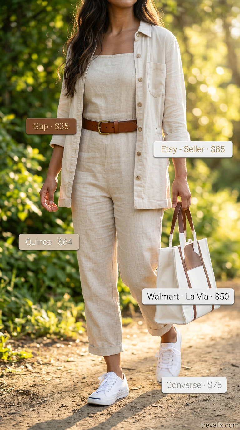 Comfy linen summer outfits for women 2026: Beige utility romper for active days.