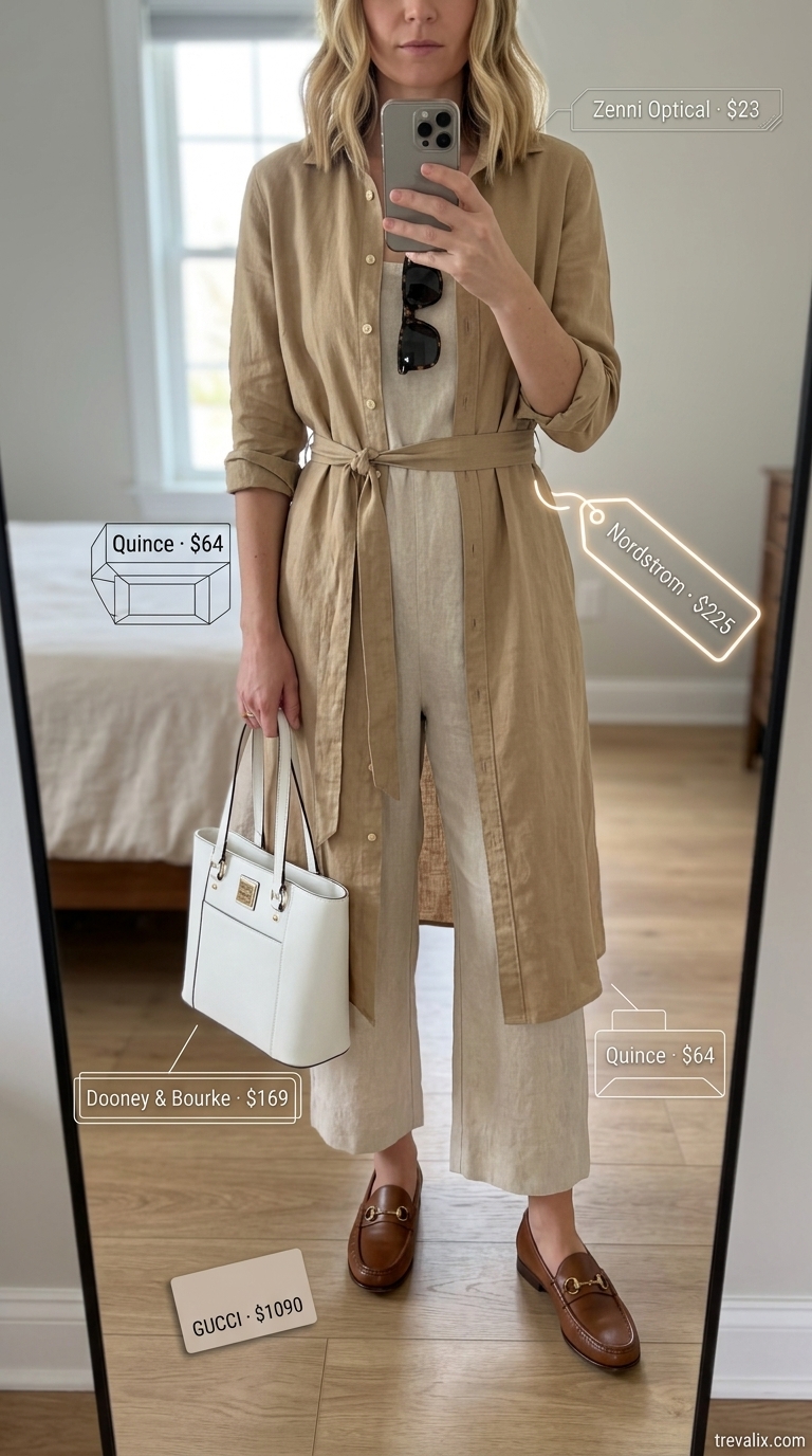 Beige linen shirt dress outfit for women 2026, perfect for casual days or travel.