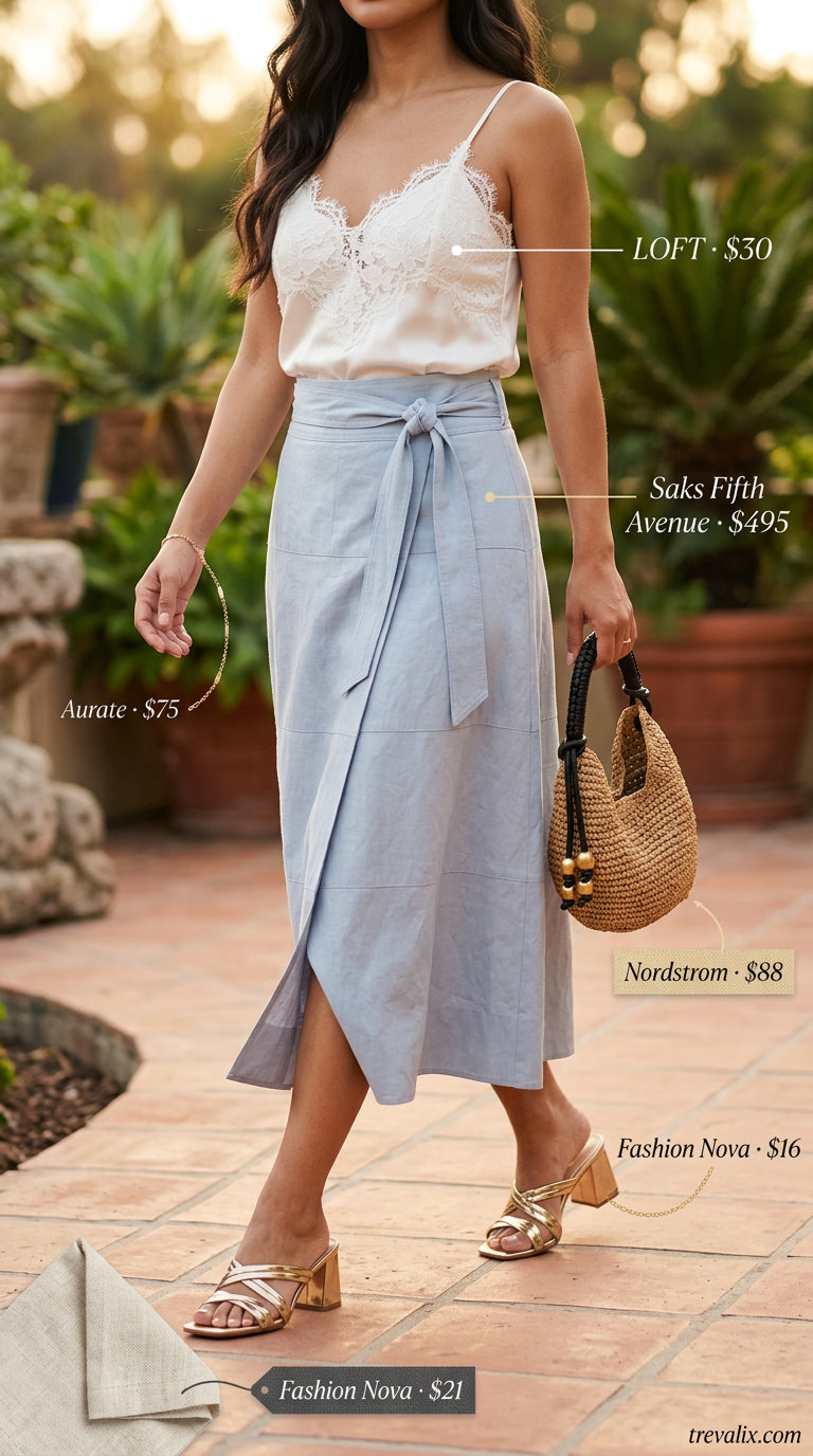 Comfy linen summer outfits for women 2026: Light blue wrap skirt & ivory camisole for date night.