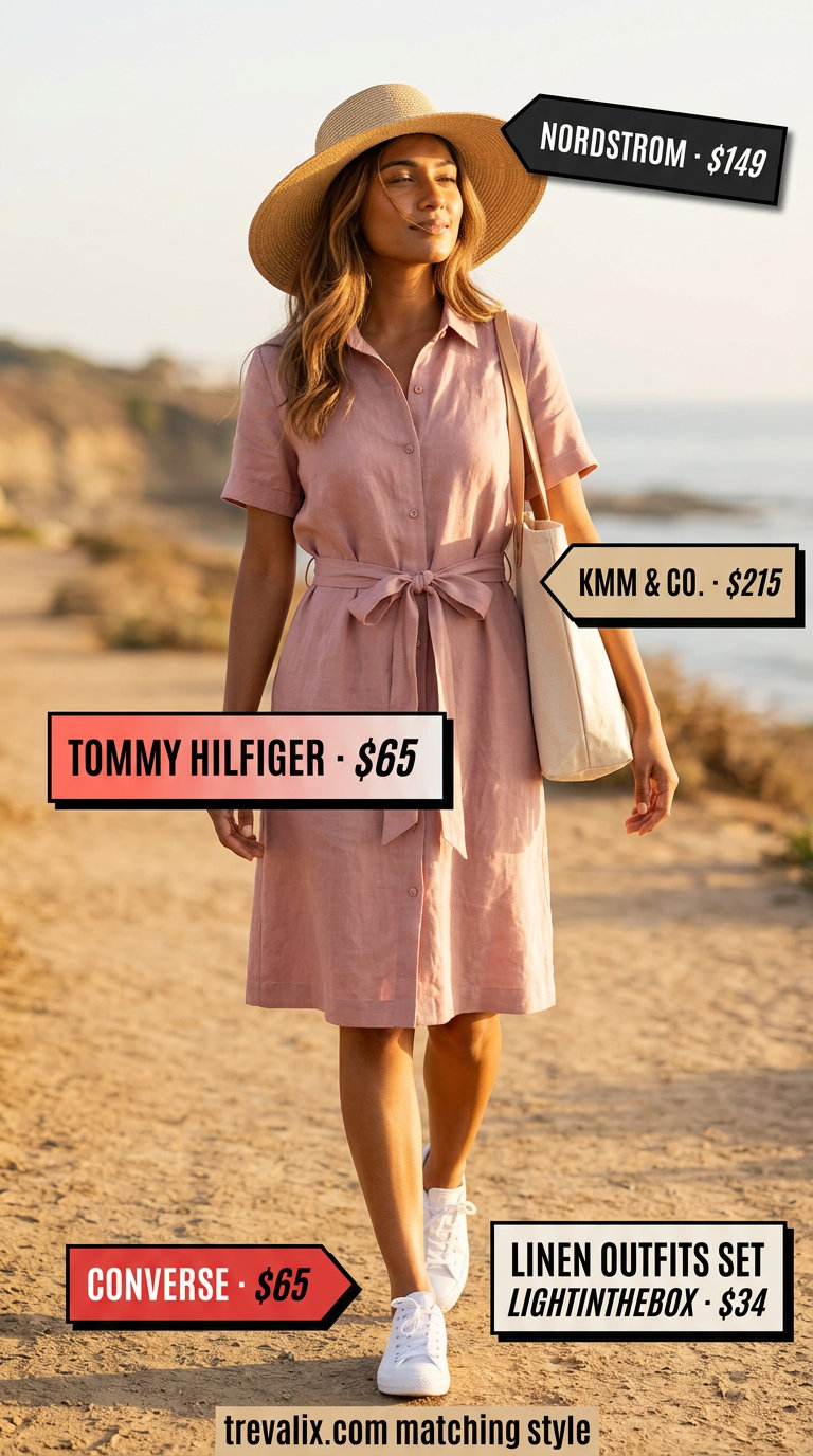 Comfy linen summer outfits for women 2026: Blush pink linen shirt dress, straw hat, and canvas tote.