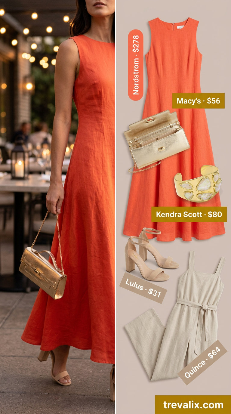 Comfy linen summer outfits for women 2026: Coral orange linen maxi dress, gold jewelry, and nude heels.