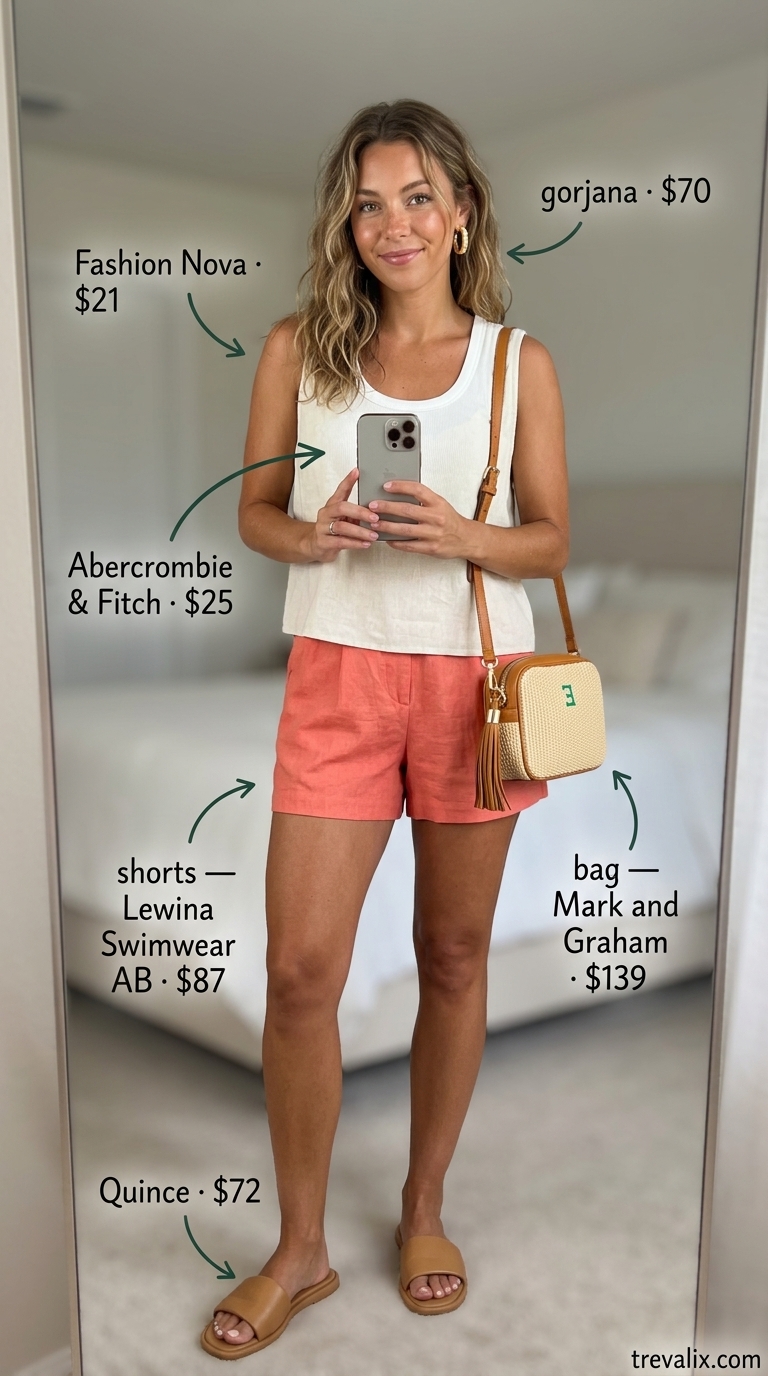 Coral linen shorts and tank outfit for women 2026, ideal for beach trips.