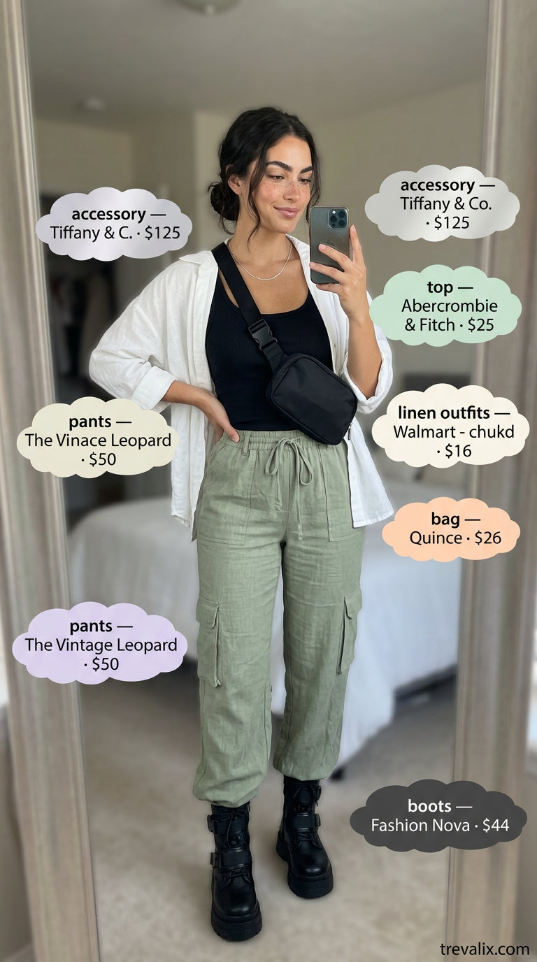 Comfy linen summer outfits for women 2026: Khaki green linen cargo pants, black tank, combat boots, and belt bag.