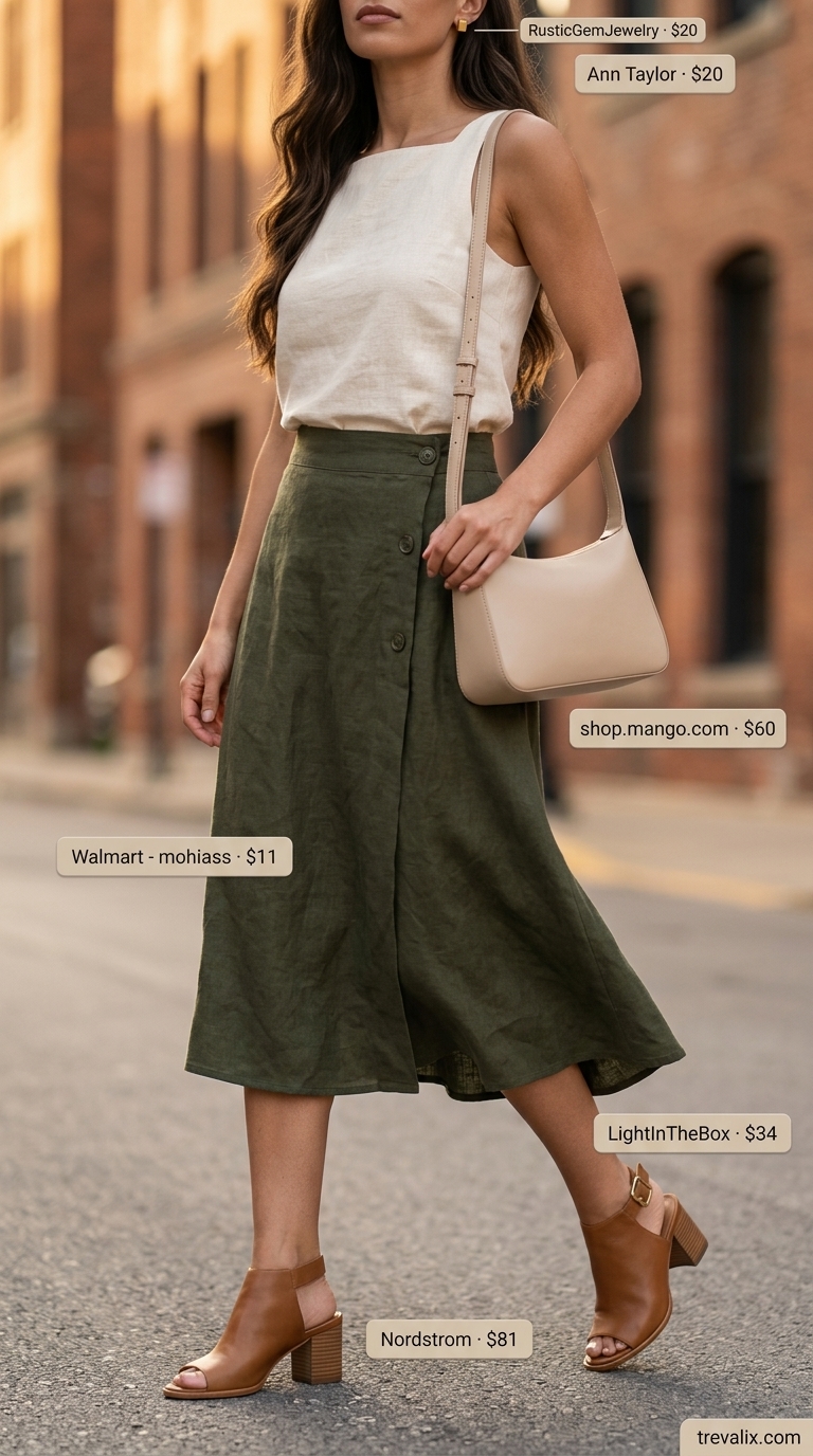 Khaki green linen midi skirt outfit for women 2026, chic for casual dinners.