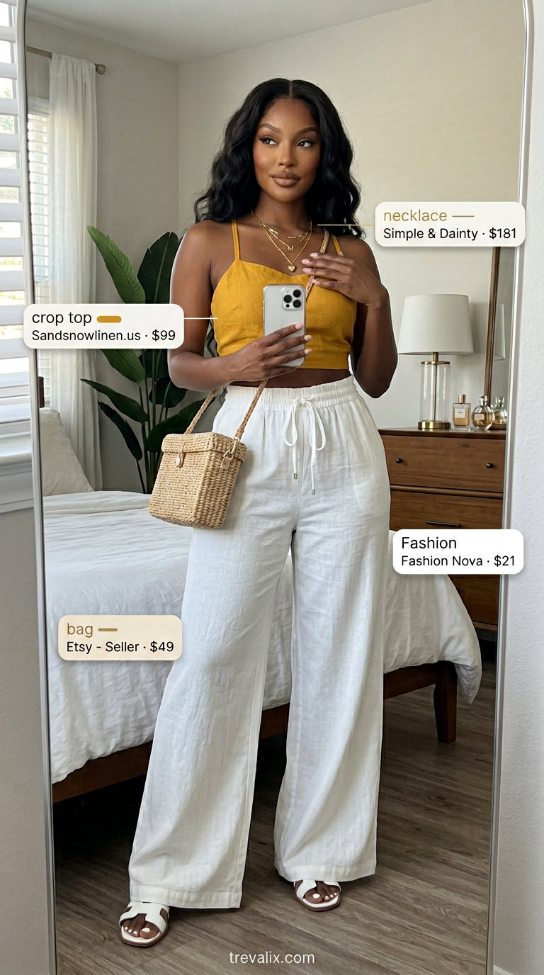 Comfy linen summer outfits for women 2026: Mustard yellow co-ord set for brunch or vacation.