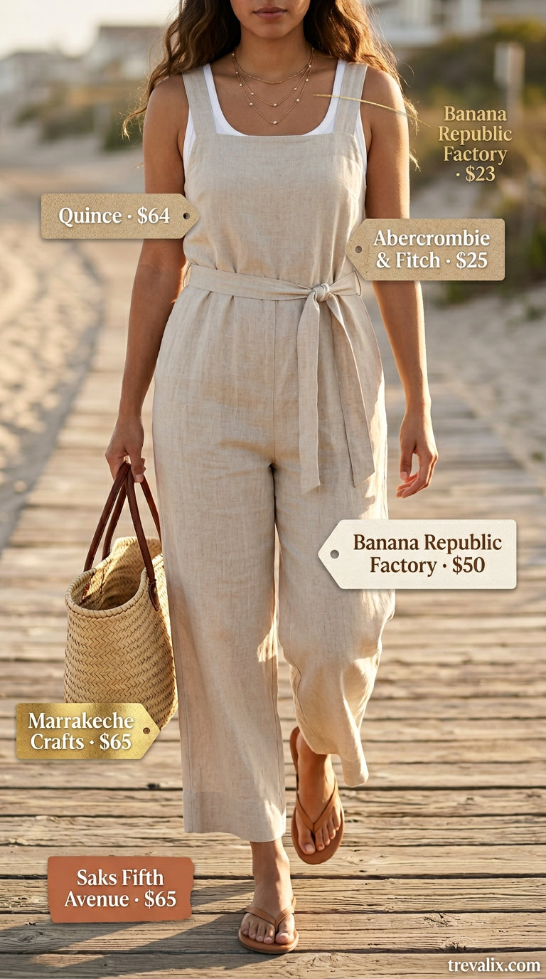 Comfy linen summer outfits for women 2026: Natural beige linen pants, white tank, and straw tote.