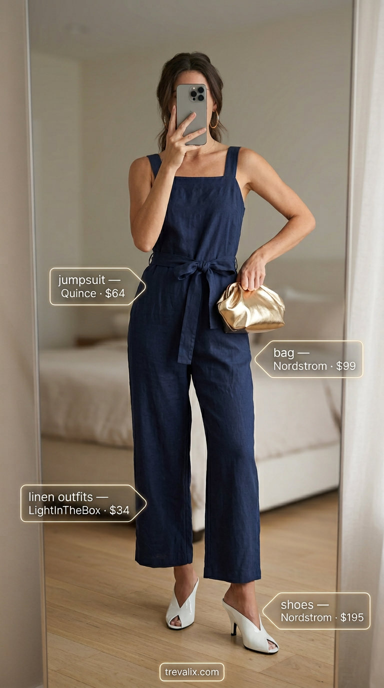 Navy blue linen jumpsuit outfit for women 2026, chic for day or evening.